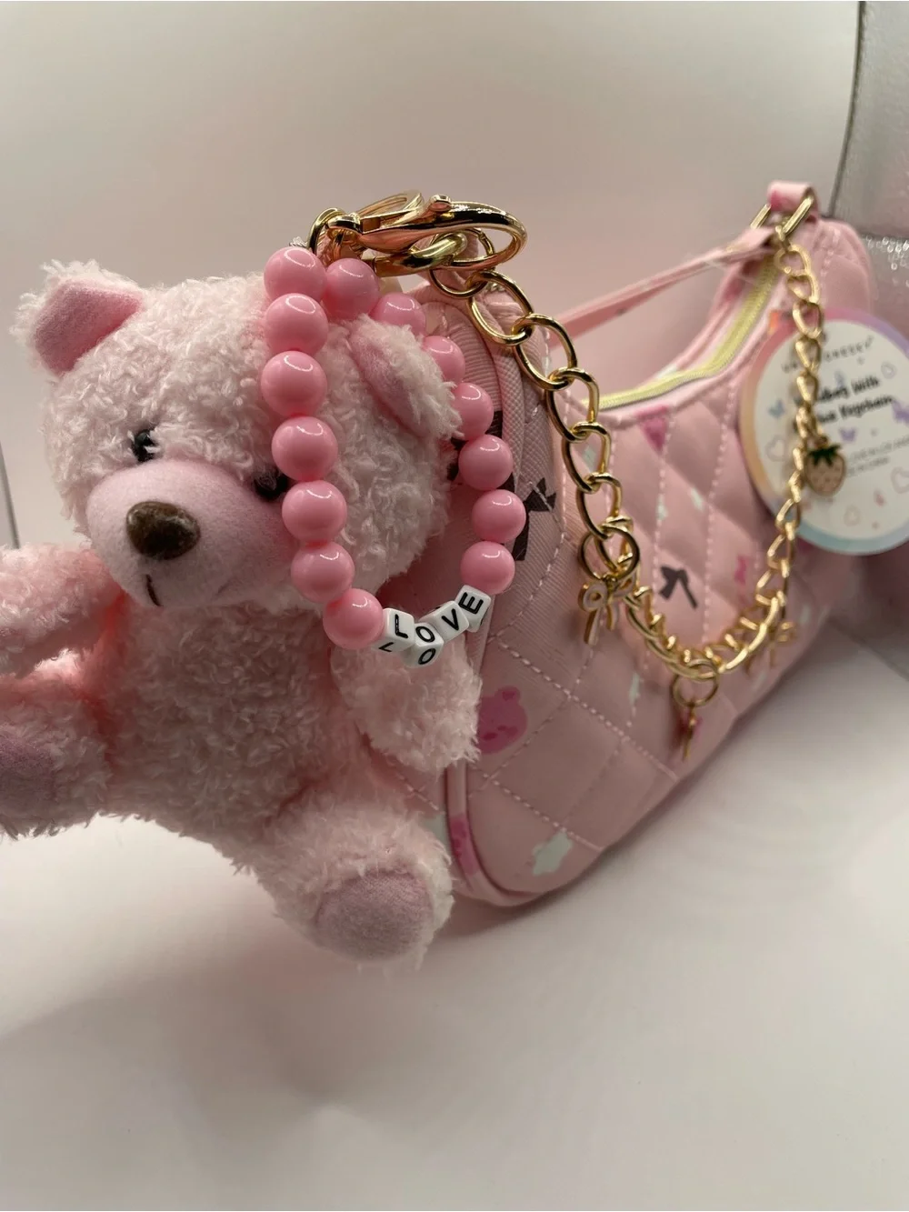 NWT Under One Sky Pink Quilted Strawberry Bag Bear Charm